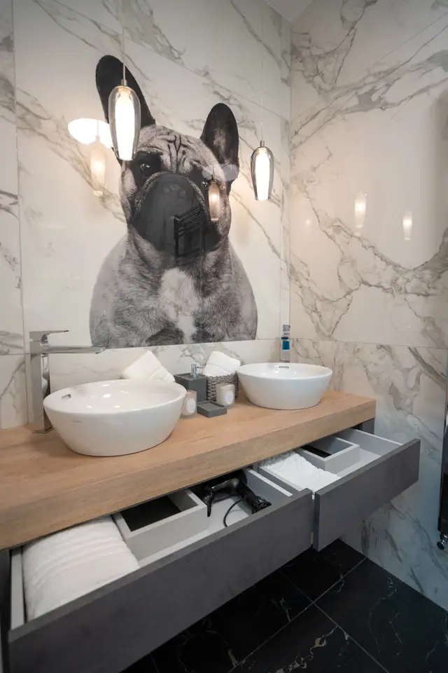 Double-basin vanity with open drawers and French bulldog artwork
