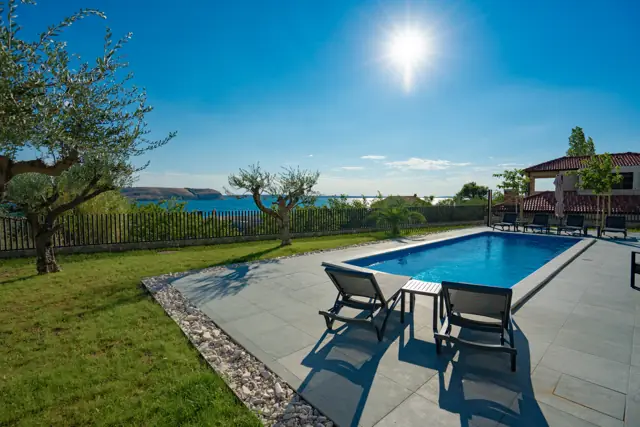 Private pool and sun loungers with olive trees and sea views
