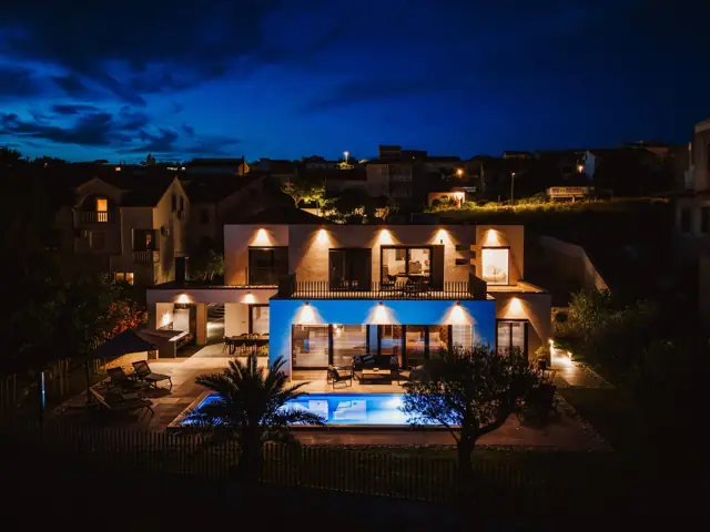 Villa Kara Sevda illuminated at night