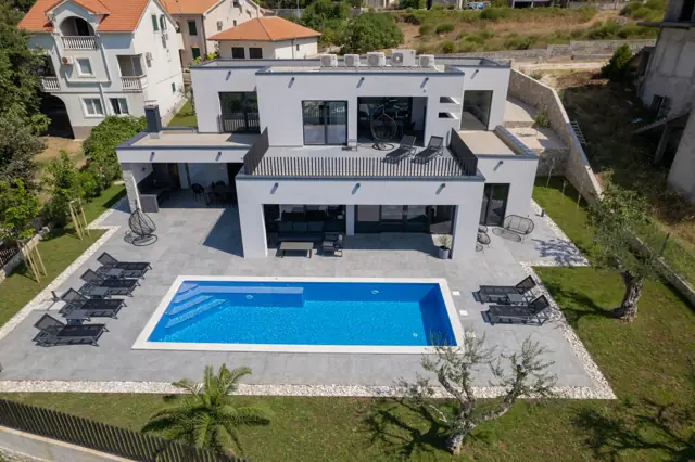 Aerial view of the villa, terraces and private pool