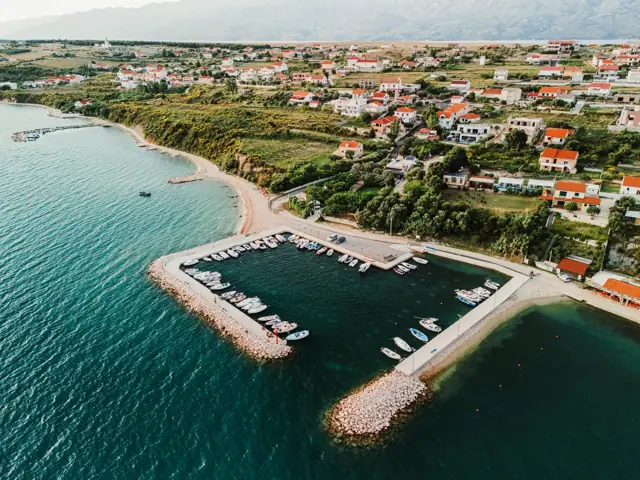 Aerial view of the nearby beach and marina