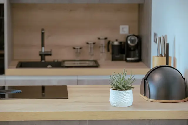 Kitchen island detail with induction hob and coffee station